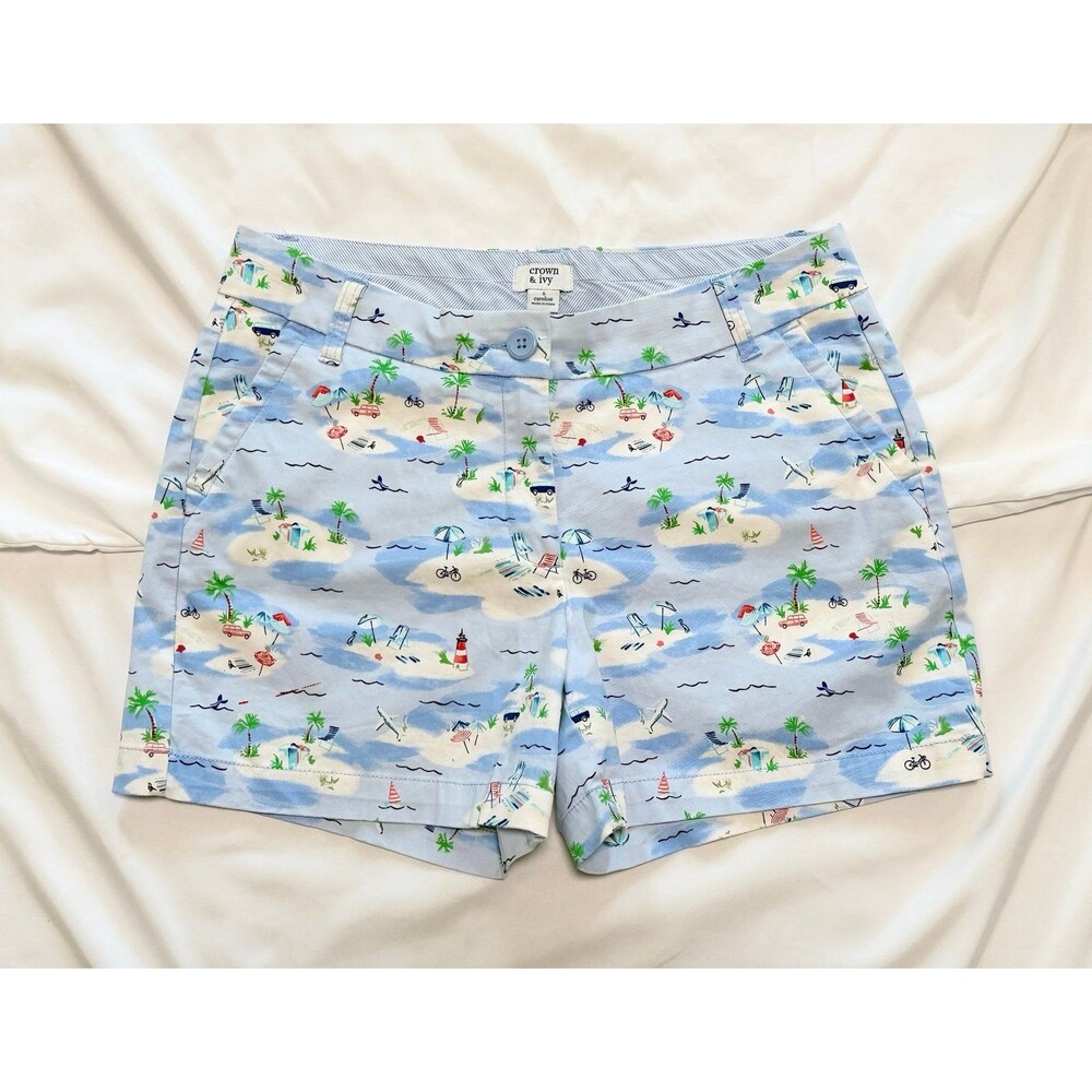 Crown & Ivy Caroline Shorts Size 6 Tropical Beach Island Novelty Print Chino